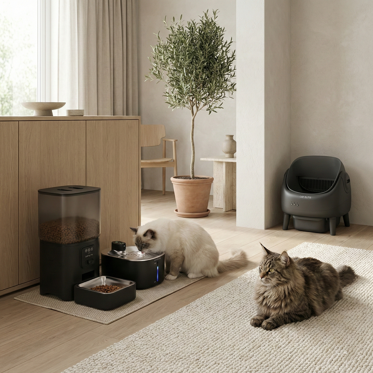 Bundel | Ease Automatische Kattenbak, Sync Enkele Voerautomaat & Stream Drinkfontein