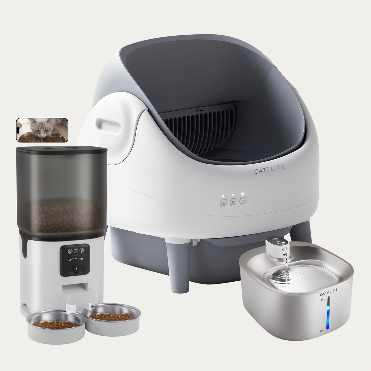 Bundel | Ease Automatische Kattenbak, Sync Dubbele Voerautomaat & Stream Drinkfontein