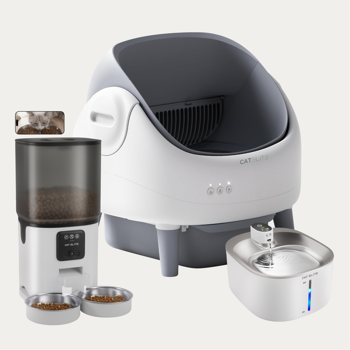 Bundel | Ease Automatische Kattenbak, Sync Dubbele Voerautomaat & Stream Drinkfontein