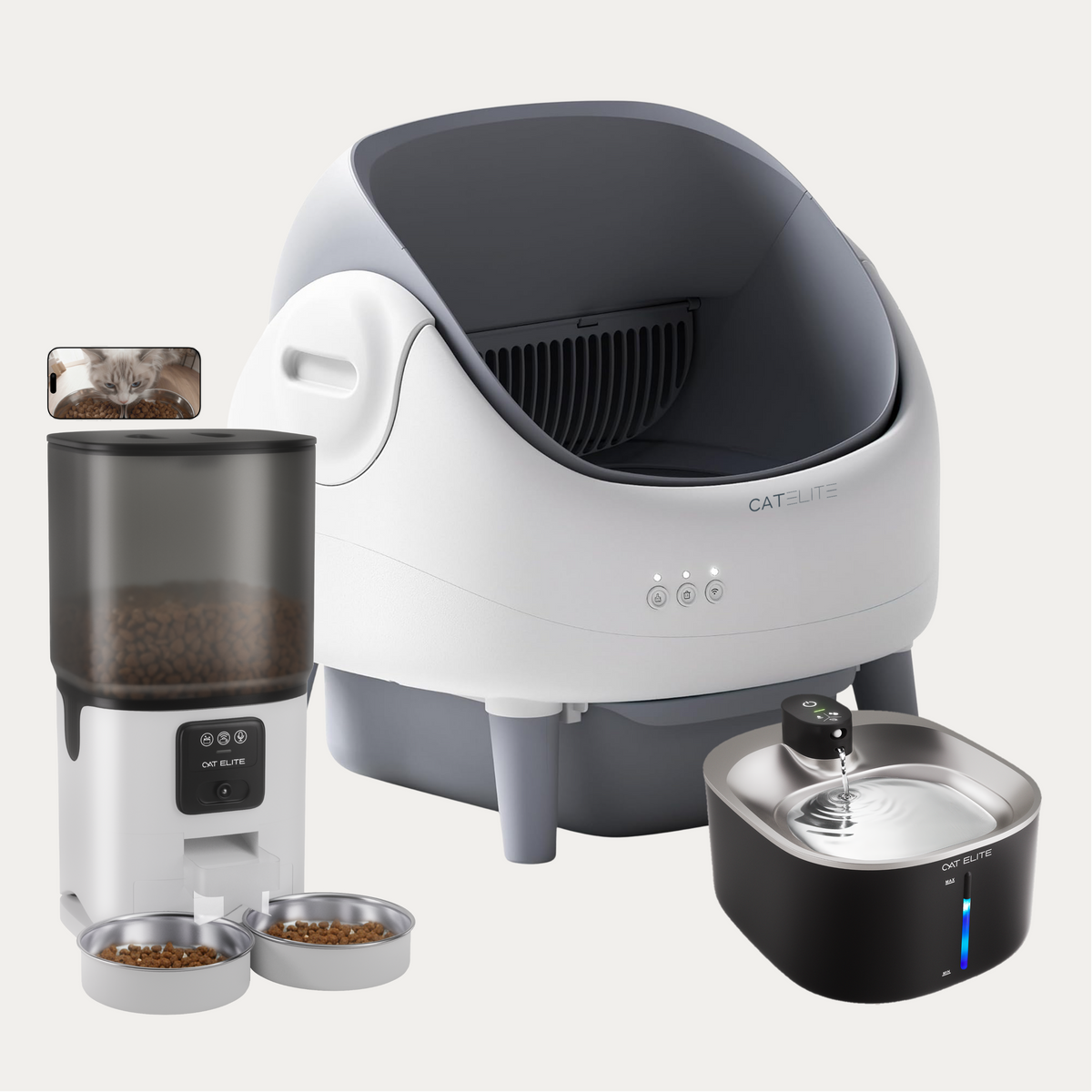 Bundel | Ease Automatische Kattenbak, Sync Dubbele Voerautomaat & Stream Drinkfontein