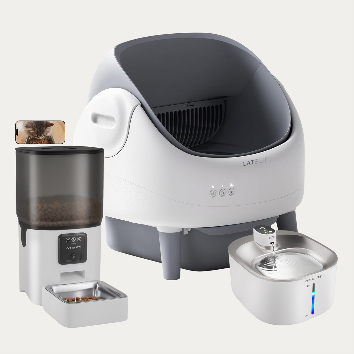 Bundel | Ease Automatische Kattenbak, Sync Enkele Voerautomaat & Stream Drinkfontein