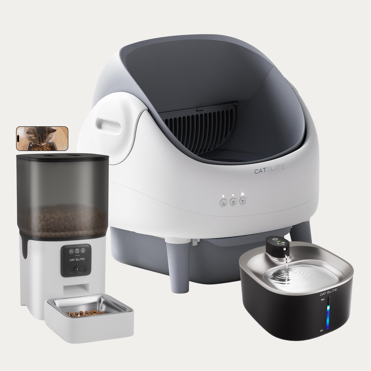 Bundel | Ease Automatische Kattenbak, Sync Enkele Voerautomaat & Stream Drinkfontein