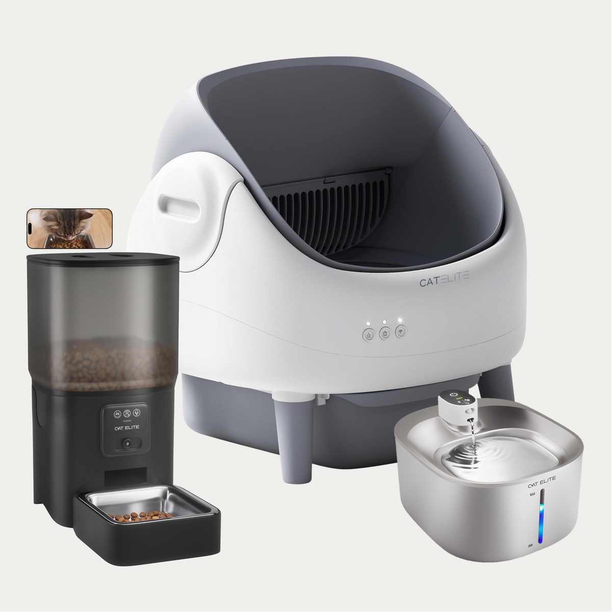Bundel | Ease Automatische Kattenbak, Sync Enkele Voerautomaat & Stream Drinkfontein