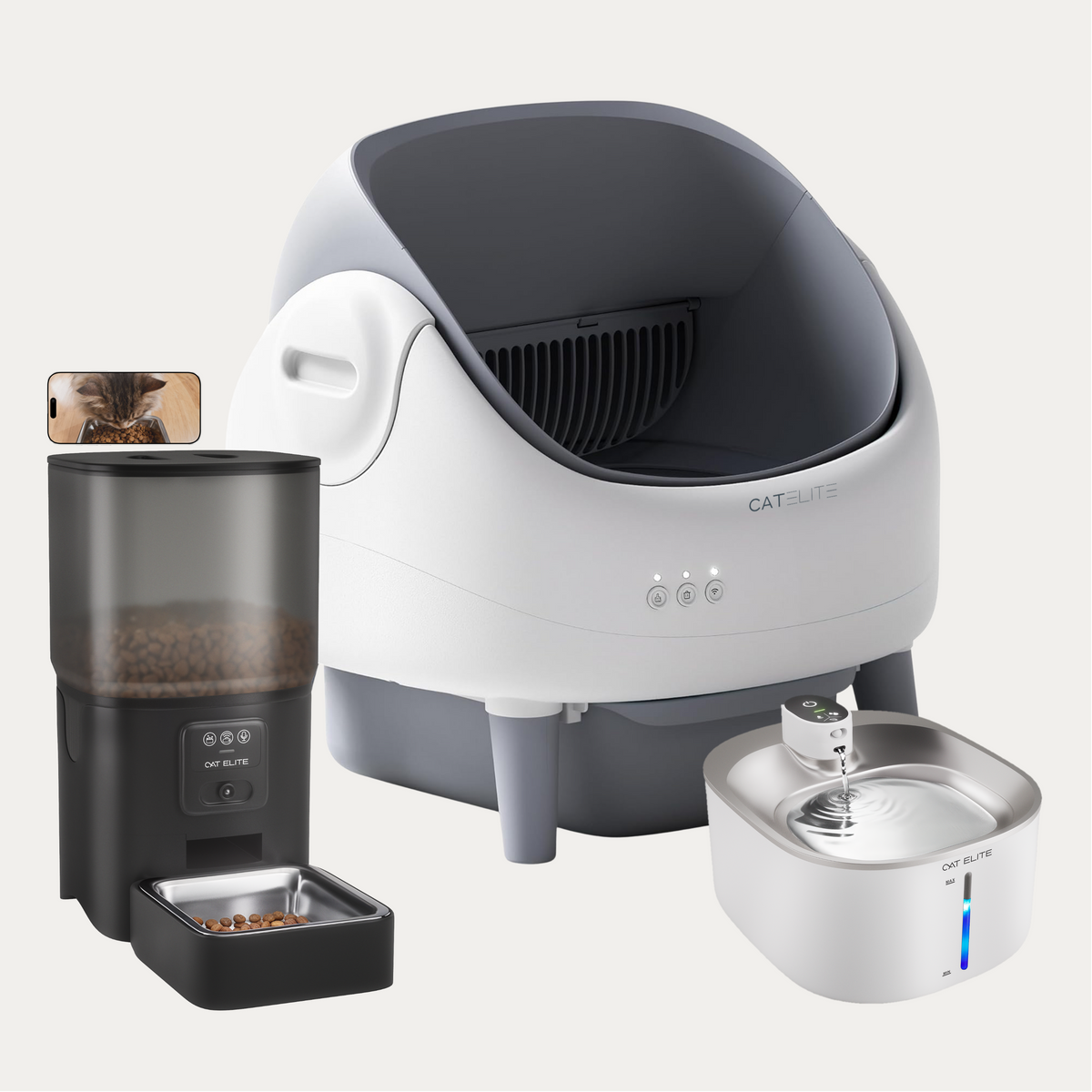Bundel | Ease Automatische Kattenbak, Sync Enkele Voerautomaat & Stream Drinkfontein