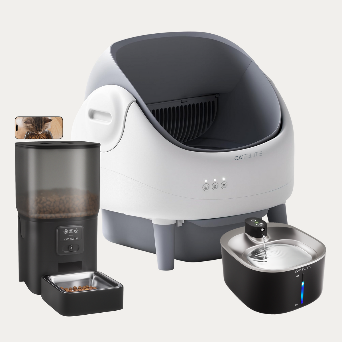 Bundel | Ease Automatische Kattenbak, Sync Enkele Voerautomaat & Stream Drinkfontein