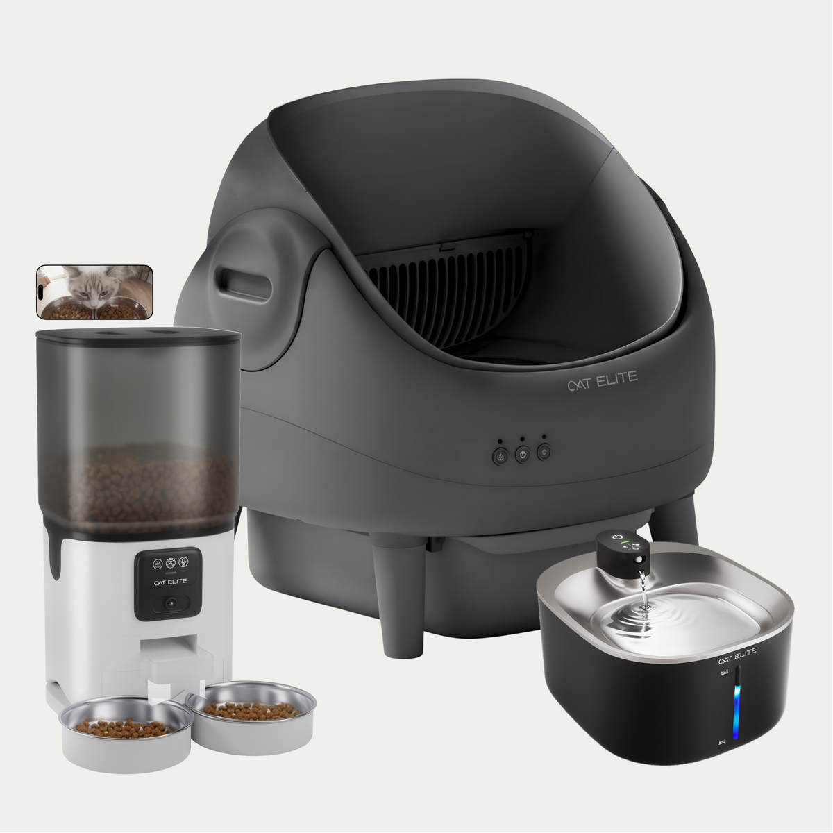 Bundel | Ease Automatische Kattenbak, Sync Dubbele Voerautomaat & Stream Drinkfontein