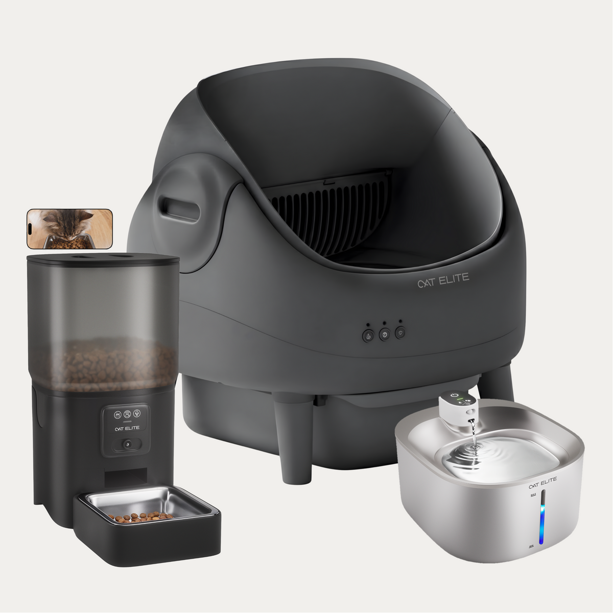 Bundel | Ease Automatische Kattenbak, Sync Enkele Voerautomaat & Stream Drinkfontein