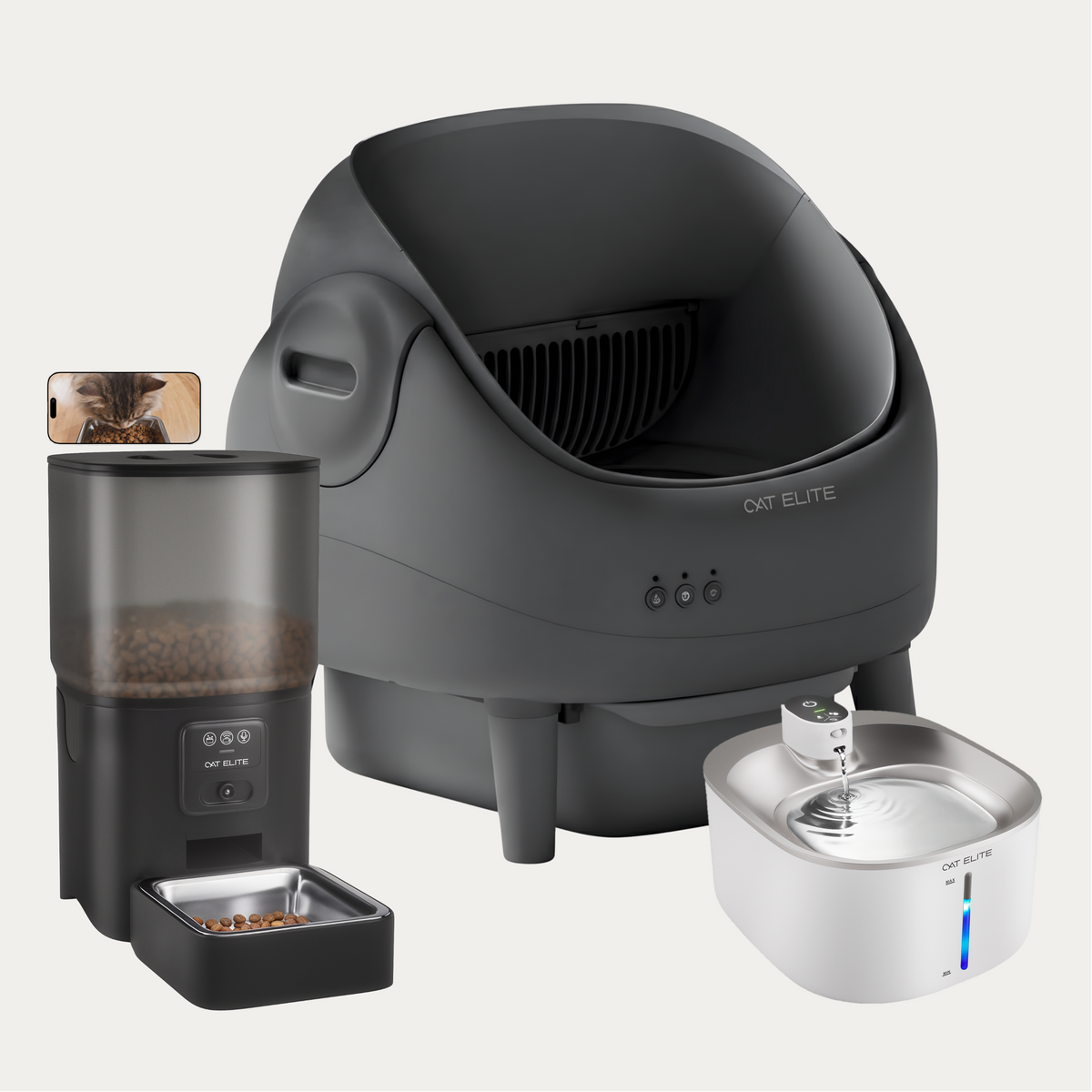Bundel | Ease Automatische Kattenbak, Sync Enkele Voerautomaat & Stream Drinkfontein