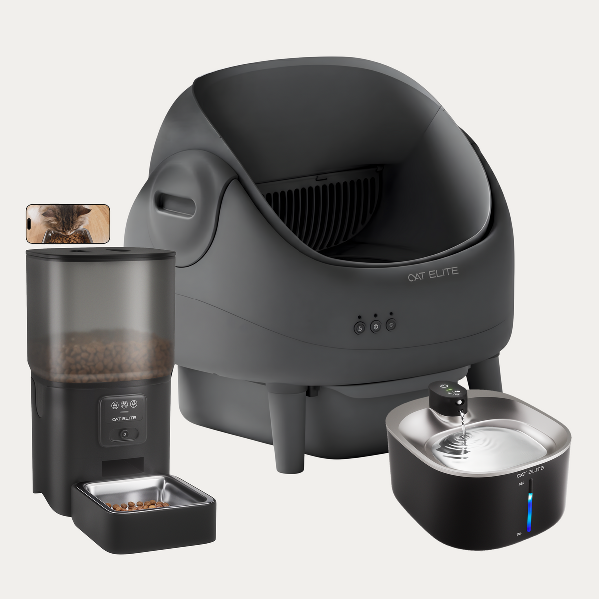 Bundel | Ease Automatische Kattenbak, Sync Enkele Voerautomaat & Stream Drinkfontein